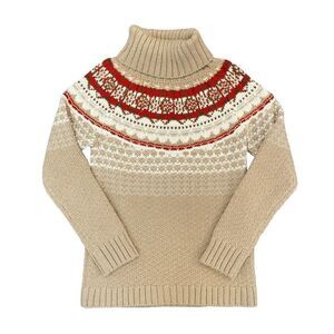Cassis Fair Isle Cowl Turtleneck Rink Sweater Ski Wool Blend Tan Women's L Cozy